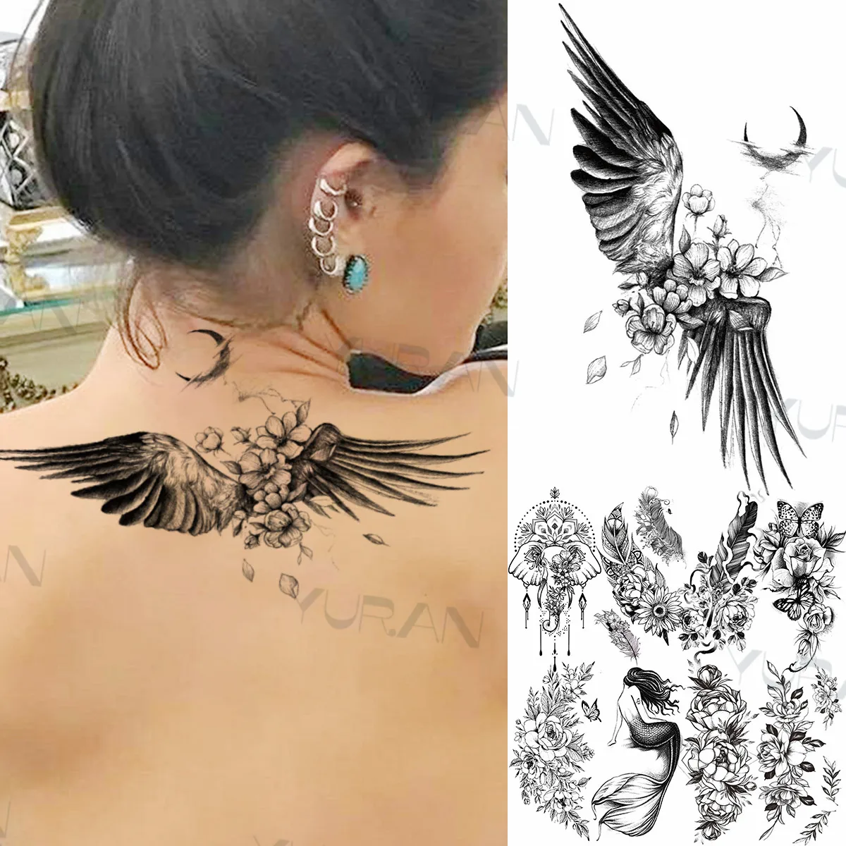 Черные цветы крылья луна временные татуировки для женщин девушек хна слон