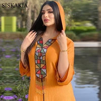 siskakia fashion muslim women clothing ethnic orange hooded hijab dress moroccan kaftan dubai turkey arab oman robe tassel 2021