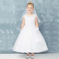 2021 new holy white ankle length flower girls dresses short sleeves jewel neck florals holy communion gowns back out affordable