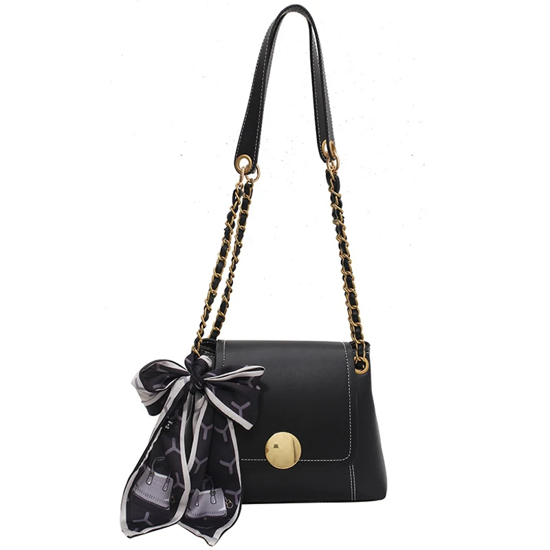 

[EAM] Women New Ribbons Chains Elegant PU Leather Flap Personality All-match Crossbody Shoulder Bag Fashion Tide 2021 18A1291