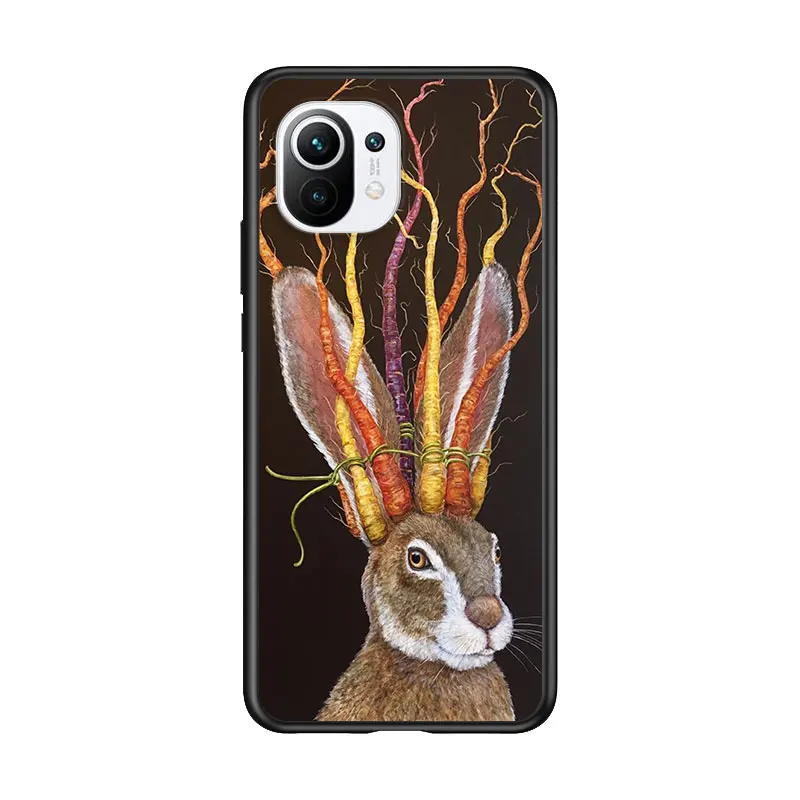 

Rabbit Cute Painting for Xiaomi Mi 11 10T Note 10 Ultra 5G 9 9T SE 8 A3 A2 A1 6X Pro Play F1 Lite 5G Black Phone Case