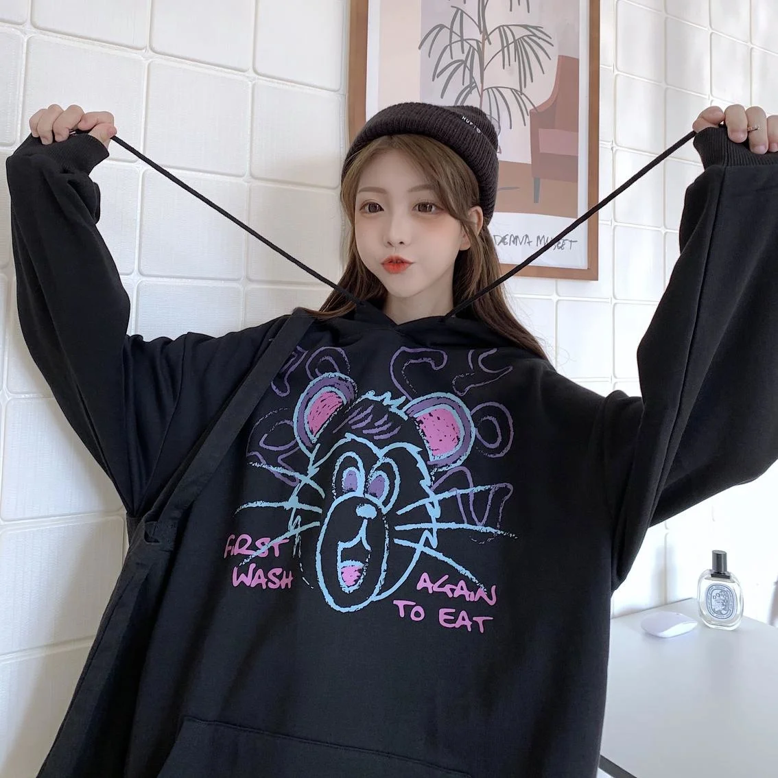 Женская кашемировая толстовка с капюшоном свободная круглым вырезом и длинным