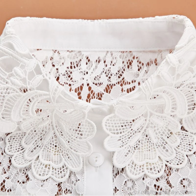 

Women Blouse Sweater Round Neck Fake False Collar Detachable Sheer Embroidered Floral Lace Solid Half Shirt Tie Button Apparel