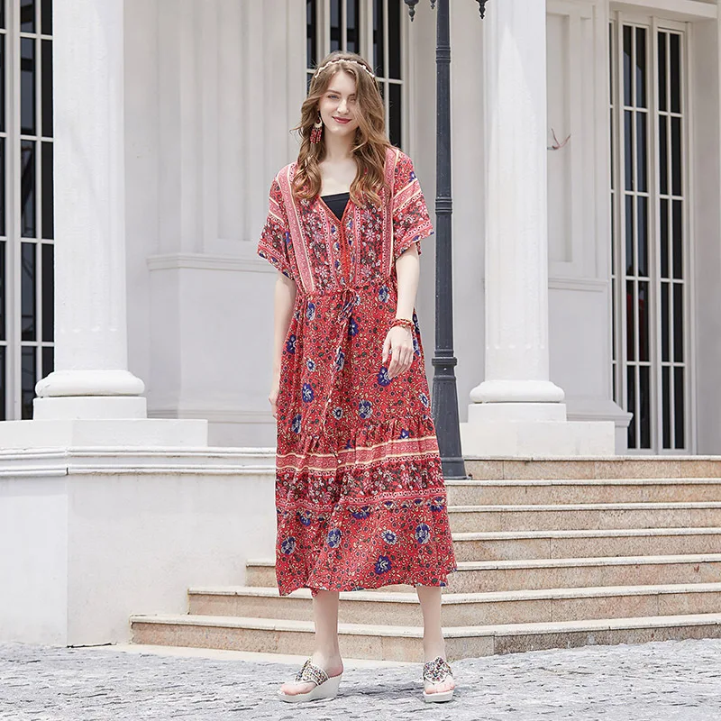 

New Bohemia 2020 Retro Cross border hot sale large dress dress elegant red print long dress women