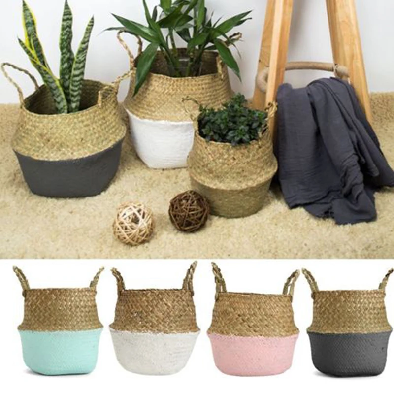 

Hot Sale Bamboo Storage Baskets Foldable Laundry Straw Patchwork Wicker Rattan Seagrass Belly Garden Flower Pot Planter Basket