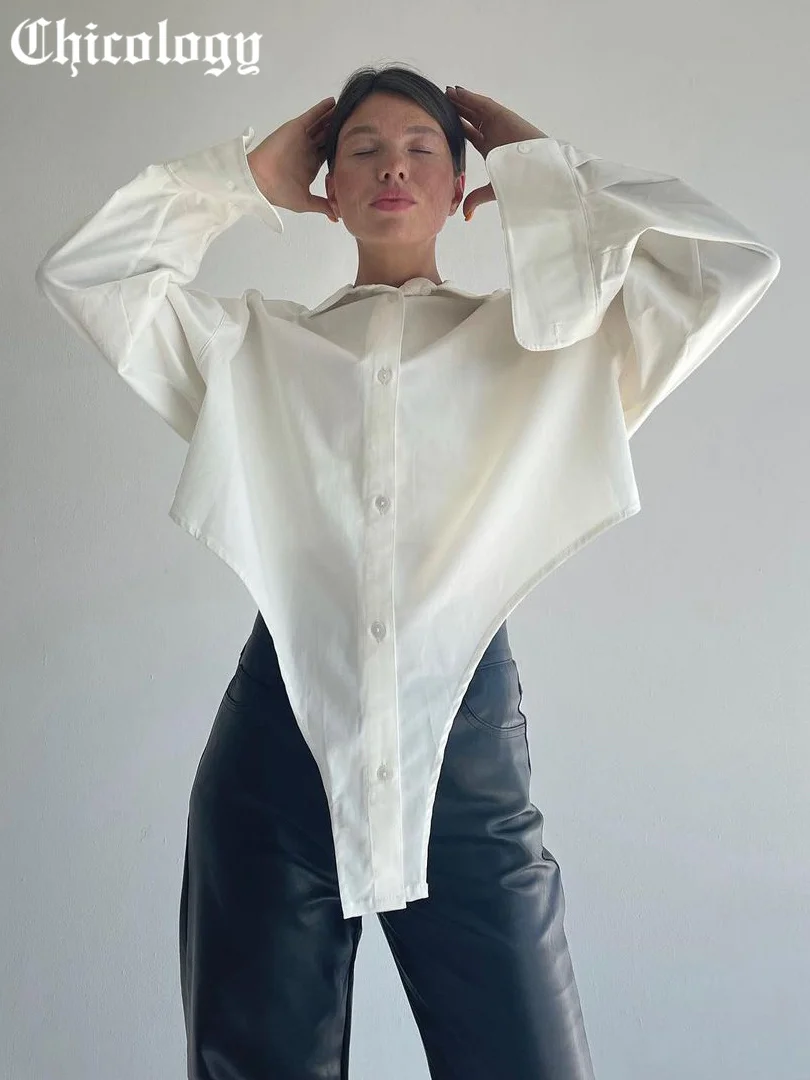 

Chicology 2021 Women Blouses Long Sleeve Button Irregular Fashion Casual Oversize Shirt Y2K Popular Shirt Turn-Down Collar Y2K