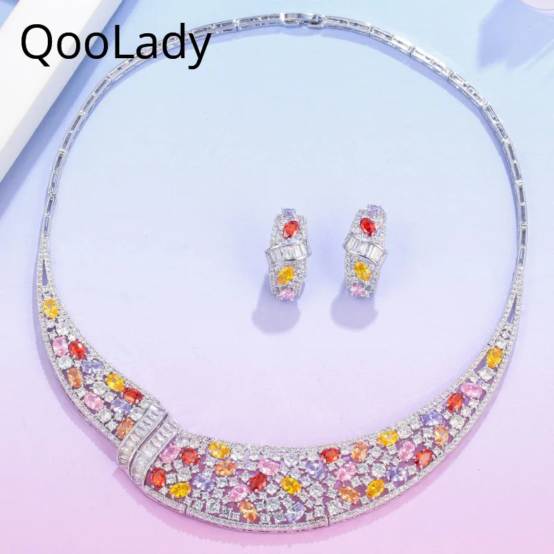 

QooLady Bridal Dress Accessories Mix Color Cubic Zirconia Large Choker Necklace Earring for Wedding Party Women Jewelry Set Z019