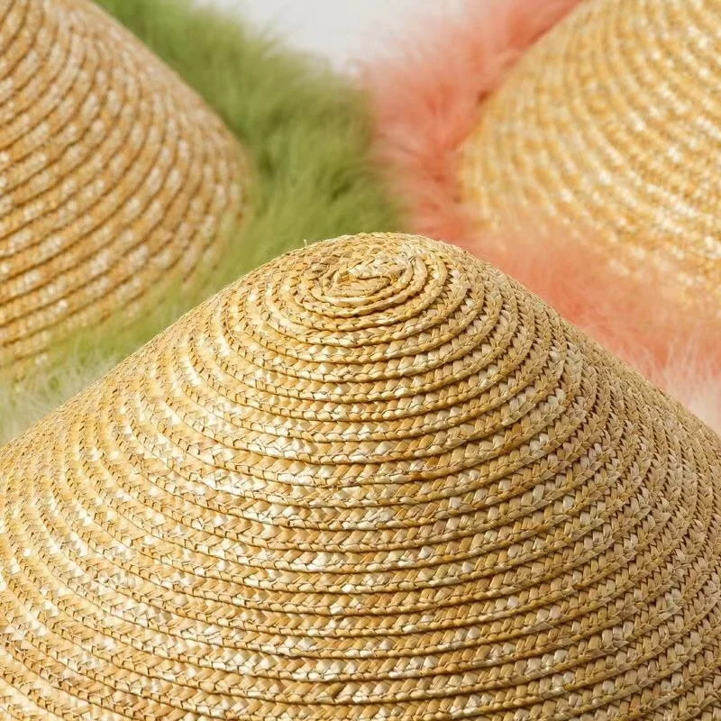 

01909-HH7320 2019 Hand-woven straw color Feather Bamboo hat modeling Fashion Model Show cap women leisure holiday beach hat