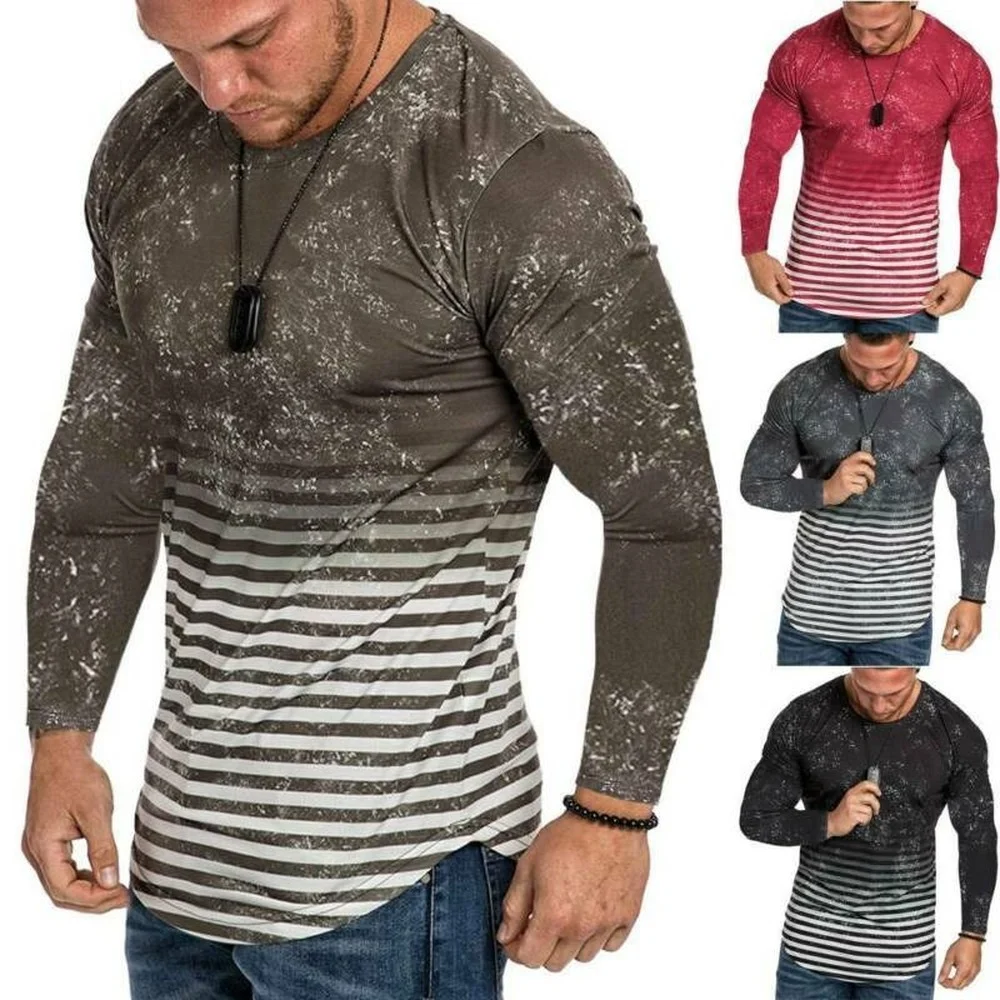 

Autumn and Winter Loose Men Striped Curved Hem Long Sleeve Loose Shirt Slim Casual Holiday Sport Blouses