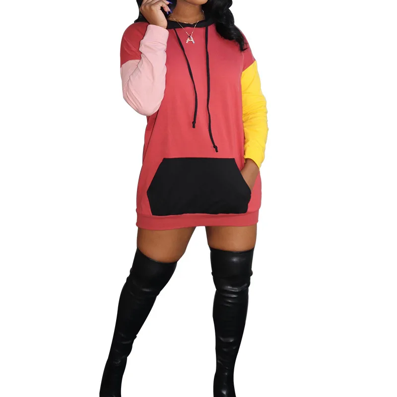 

Trendy European and American Women's New Stitching Contrast Color Wild Loose Hooded Sweater Women Sweat Capuche Femme Sweat