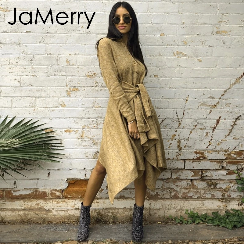 Женское асимметричное платье рубашка JaMerry винтажное повседневное офисное миди с