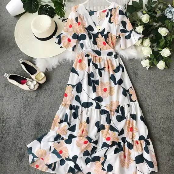 Сексуальное платье богемное с цветочным принтом летнее женское коротким рукавом