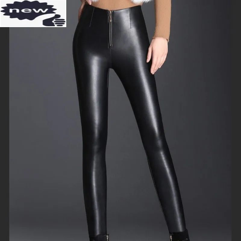 Fashion Zipper Skinny Pu Leather Women Warm High Elastic Waist Trousers Street Punk Office Lady Pants Plus Size 5XL