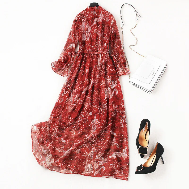 Весеннее платье для женщин Темперамент лук элегантный печати шифоновое макси с
