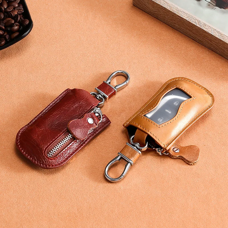 Casual Genuine Leather Car Key Case  Zipper Window for Men and Women Retro Female Luxury  Key Pouch Ring Wallet