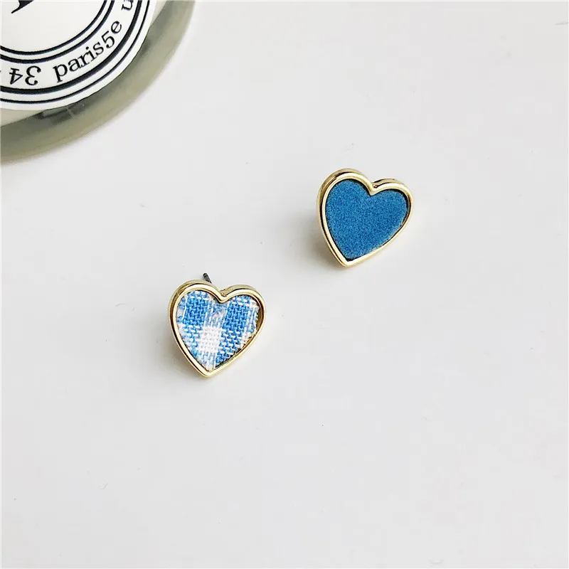 Stud Earrings-Blue Асимметричные, геометрической формы в клетку, сердце, милые клипсы для ушей, Простая любовь, без серьга дырка, ювелирные изделия для женщин - Окраска металла: Stud Earrings-Blue
