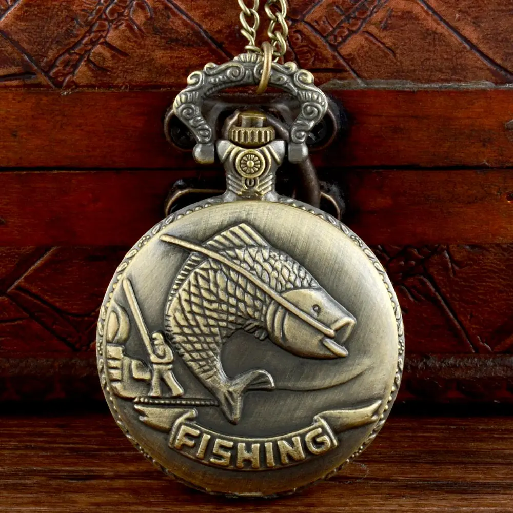 

Vintage Bronze Fishing Quartz Pocket Watch Chains Antique Men Women Casual Pendant Necklace Clock Gift