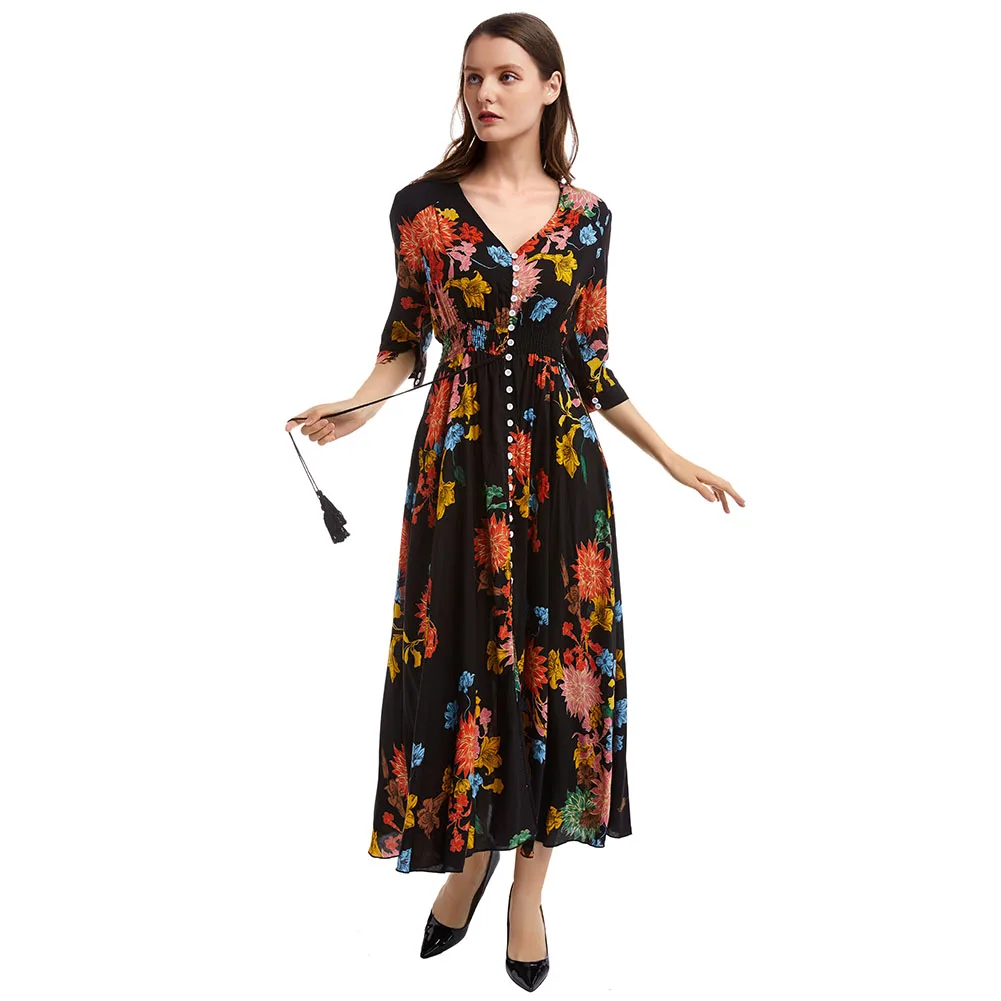 Bikitique праздник v образный вырез 3/4 рукава Ретро стиль с рисунком Однобортный