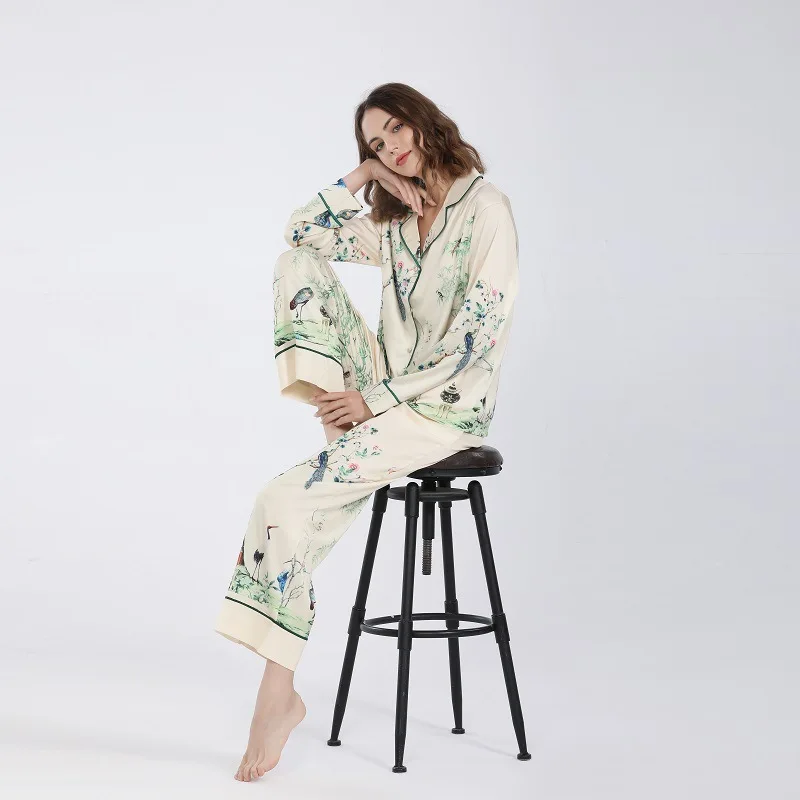 Maison Gabrielle Chinoirie Floral and Bird Printed Pajamas Set Loungewear Sleepwear for Women 2 Pieces Long Sleeve Silk Satin