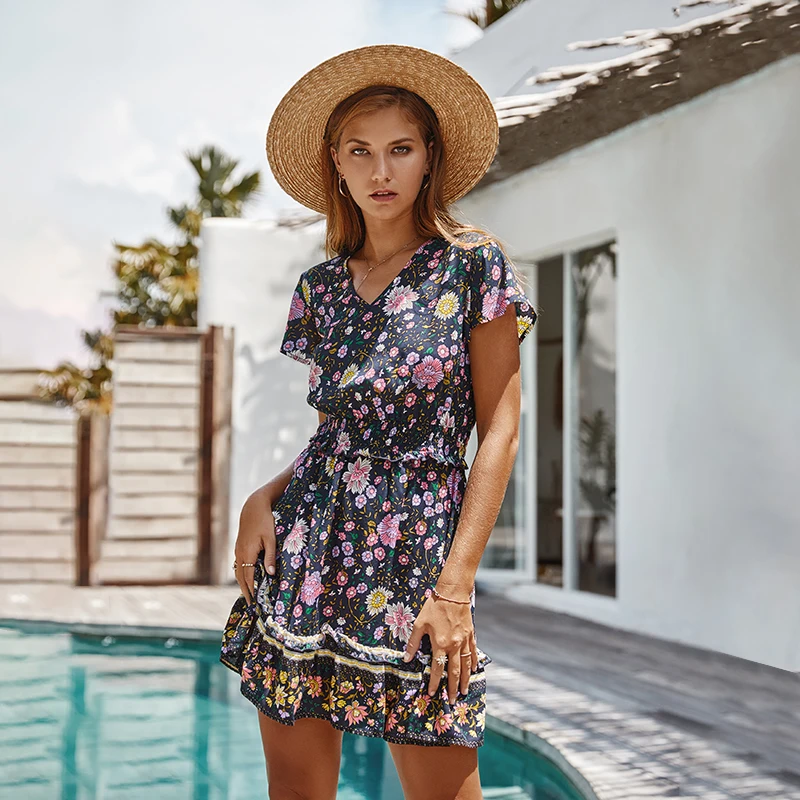 Women Vintage Short Sleeve Print Dress V-neck Boho Floral Ruffle Wrap Tunic Bandage Mini Dresses Female Summer Holiday Sundress | Женская