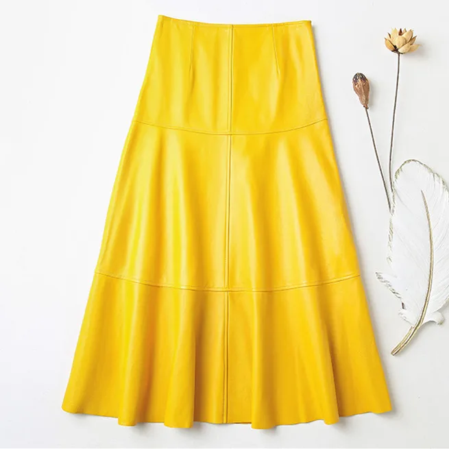 

Luxury Runway Designer 2021 Long Elegant Ladies Maxi Skirts High Waist Real Sheepskin Genuine Leather Skirt Women High Quality