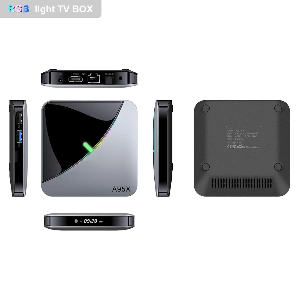 LEMADO A95X F3 Air Android tv Box Amlogic S905X3 4 Гб 64 Гб RGB светильник с поддержкой USB 3,0 2,4G и 5G wifi 8K YouTube tv Box Android 9,0