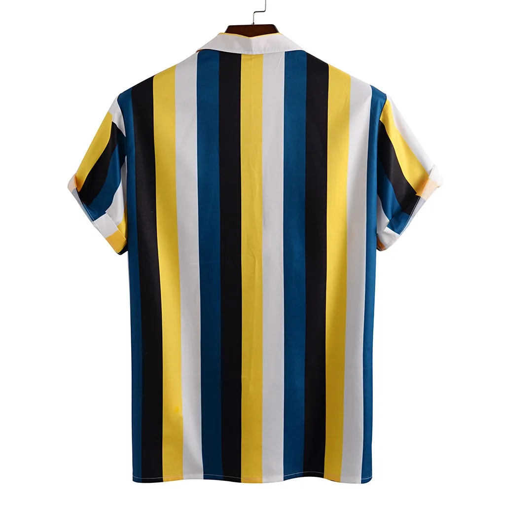 Summer Mens Shirt Top Casual Short Sleeve Hawaiian Shirts Stand Collar Strip Print Cool Thin Shirt Men Dress Male Clothing Tops