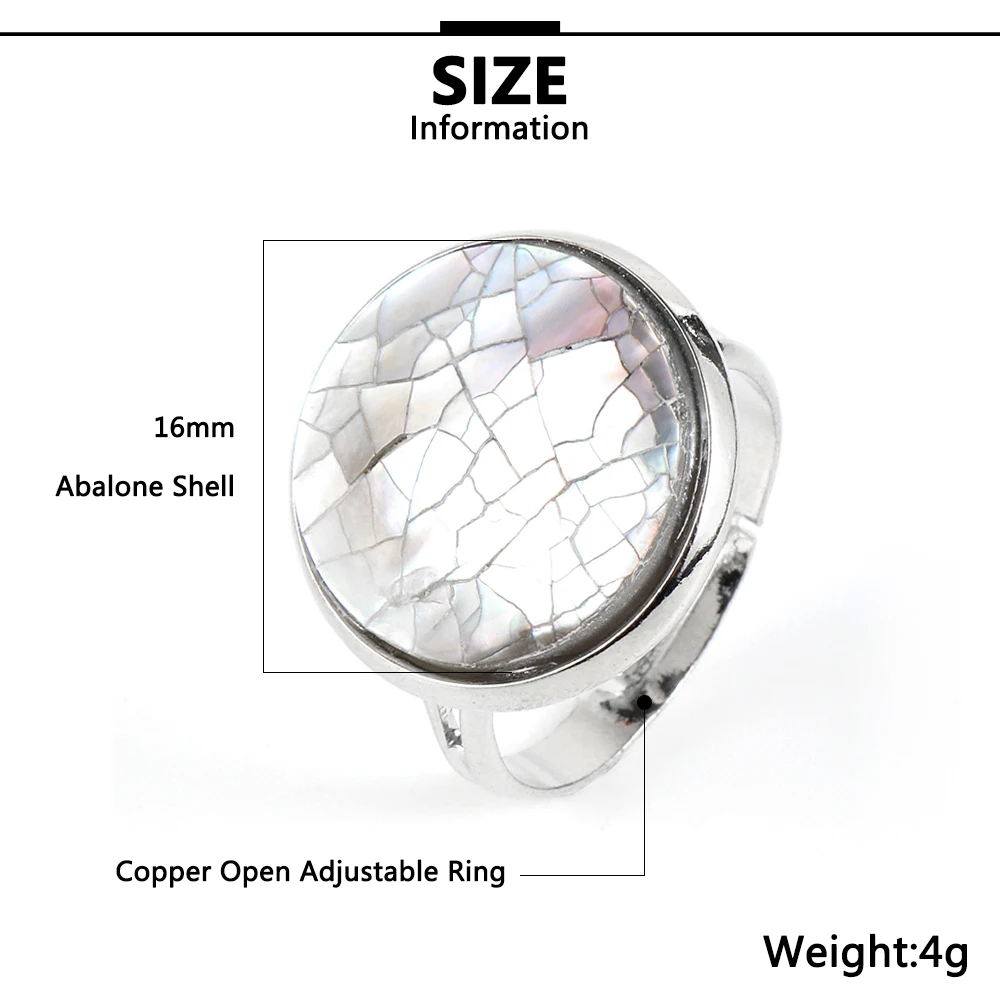 

2020 Trendy Natural Balone Shell Rings Boho Simple Round Statement Silver Color Copper Adjustale Finger Ring For Women Girls
