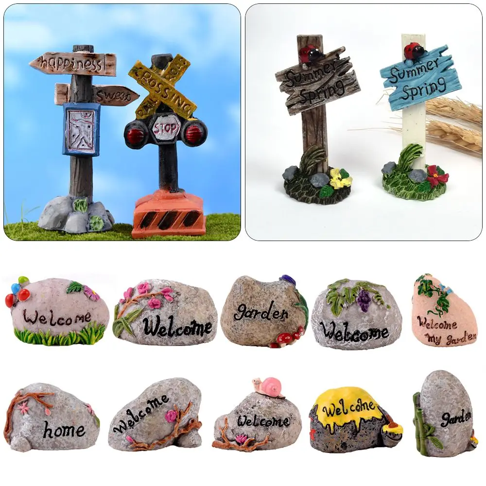 

Mini Road Sign Resin Craft Welcome Stake Figurine Simulation Stone Signpost Micro Landscape Fairy Garden Doll House Ornament