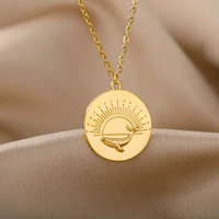 engraved whale pendant necklace for women stainless steel gold color round coin necklaces vintage aesthetic jewelry colar