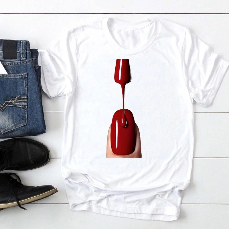 

Женская футболка с коротким рукавом WVIOCE, модная футболка с мультяшным принтом для ногтевого дизайна, стильная футболка, футболки, одежда, 3329