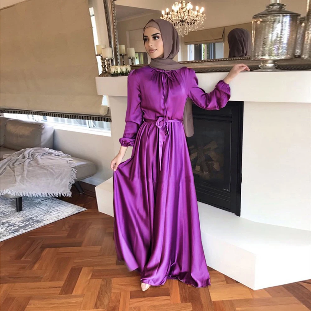 Elegant Abaya Dubai Turkey Arabic Muslim Satin Dress For Women Islam Caftan Marocain De Soiree Vestido Robe Longue Femme Kaftan