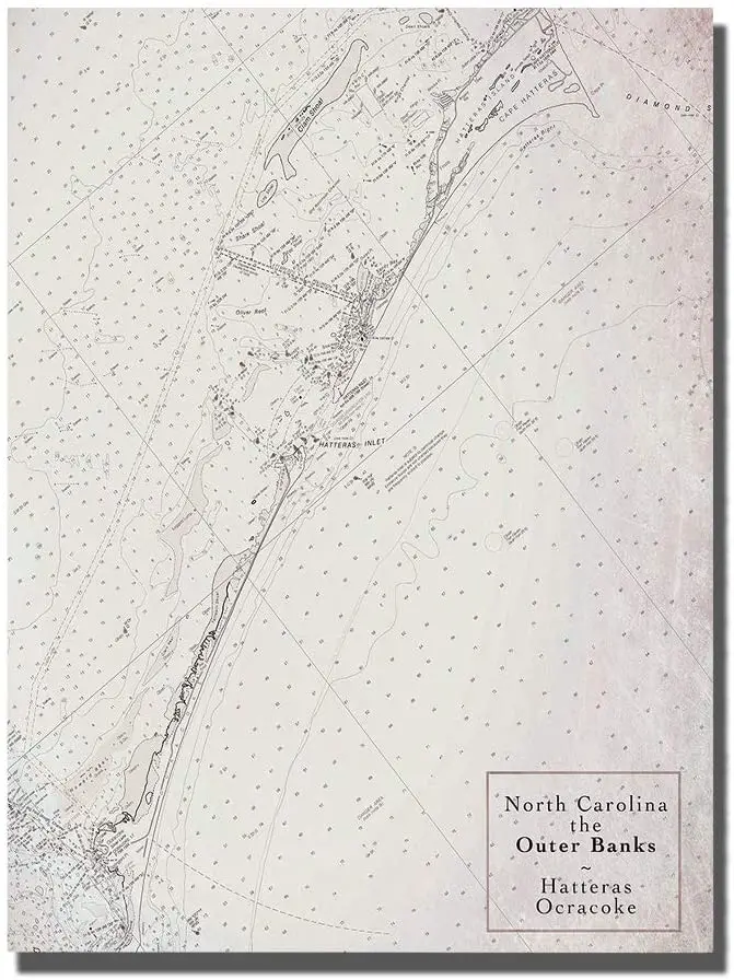 

North Carolina Nautical Map Hatteras Ocracoke Fathoms Barrier Island Grunge Look Vintage Style Metal Signs Metal Tin Alum