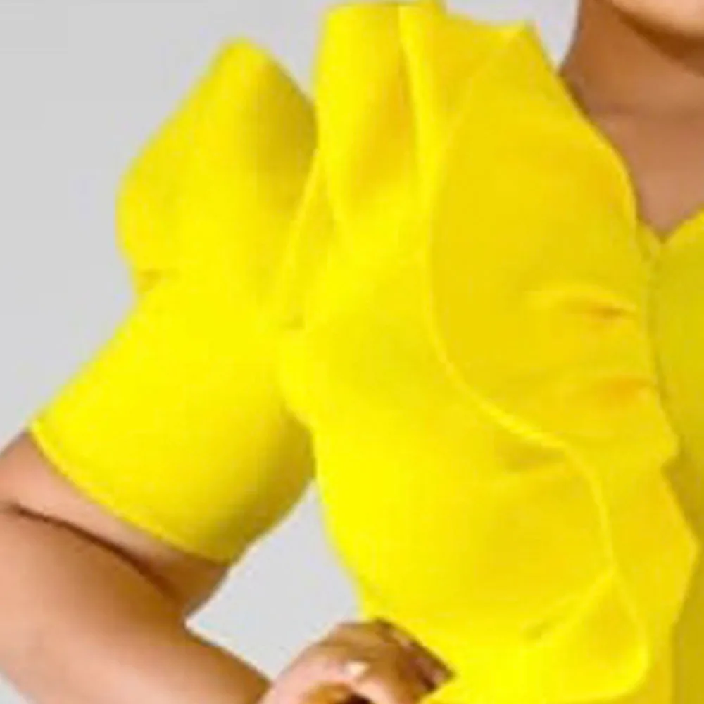 Блузка с оборками желтого размера плюс Асимметричная Дамская Офисная Рабочая