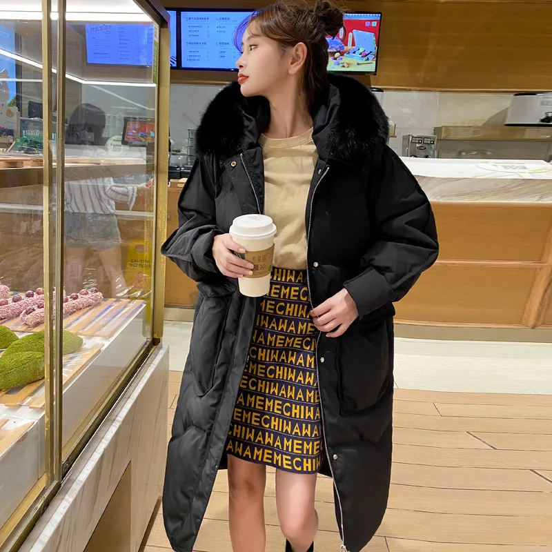 

Down Jacket Long Winter 2021 New Korean Zipper Long Sleeves Medium-length With A Hair Color And Large Pockets Solid Color Warm