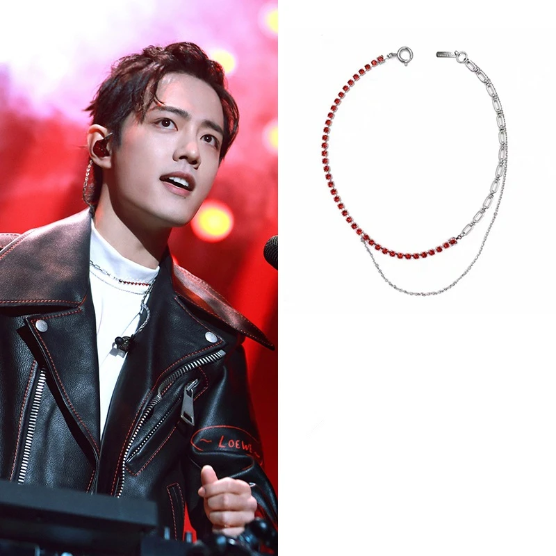 

Xiao Zhan Same Red Square Inlaid Chain Stitching Collarbone Necklace Ins Fashion Trend Simple Couple Necklace Gift