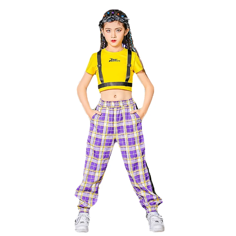 

New Children Ballroom Hip Hop Dancing Clothes Girls Short Sleeved Plaid Pants Hiphop Suit Jazz Performance Costumes Kids DN7758