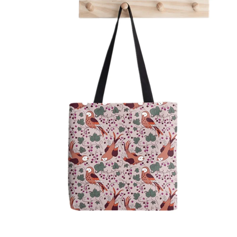 

Shopper Vintage Style Bird Berries printed Tote Bag women Harajuku shopper handbag girl Shoulder shopping bag Lady Canvas Bag