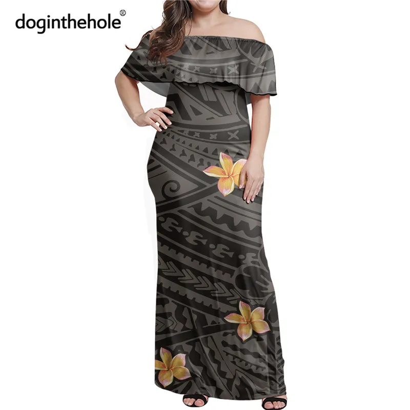 

Doginthehole Polynesian Plumeria Tribal Pattern Women's Sexy Off Shoulder Maxi Dress Oversize Casual Layered Ruffle Dresses