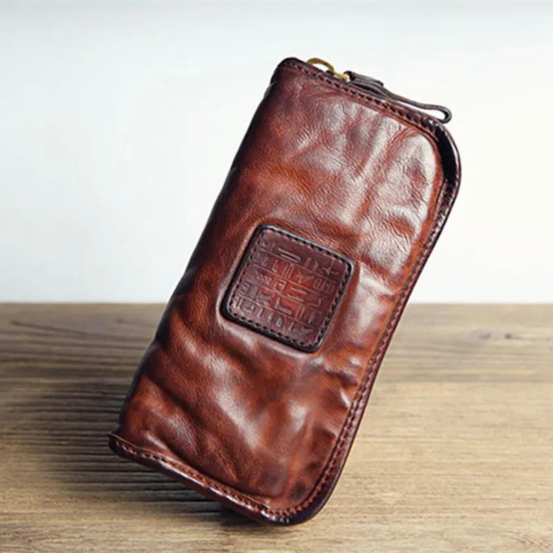 Винтажный Мужской клатч ручной работы из натуральной воловьей кожи удлиненный