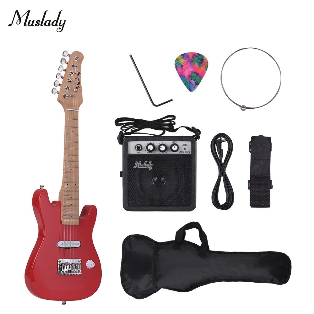 Red Muslady 28 дюймов дети ST Электрогитара Комплект клен шеи пауловния с мини-усилителем гитары сумка ремень палочки струны аудио кабель - Цвет: Red