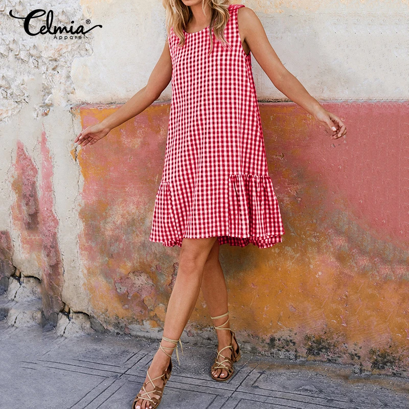 Женское богемное платье Celmia без рукавов с оборками вечерние клетчатые платья