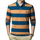 Рубашка-поло мужская в полоску, хлопок, длинный рукав, повседневная одежда, весна-осень