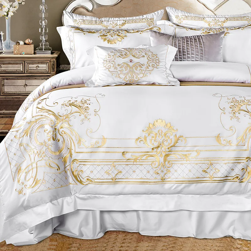 

White Egyptian Cotton Bedding set US King Queen size Chic Golden Embroidery Bedding sets Super Soft Bed sheet set Duvet cover