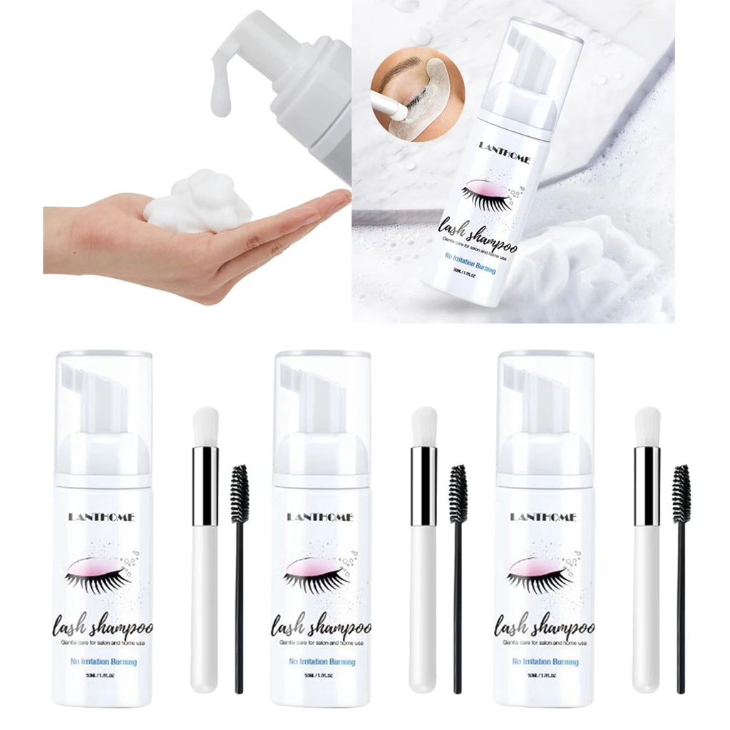 

3x Eyelash Extension Shampoo 50ml Lash Eyelid Foam Cleanser Gentle Cleansing Mousse Foam with Brush Kit No Stimulation