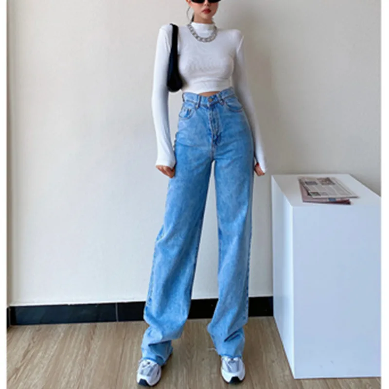 

Trousers For Women Pants Summer High Waist Straight Leg Jeans Solid Color Loose Casual Fashion 2021 Clothing Trends