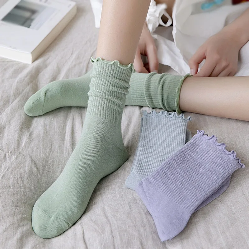 

Autumn Fashion Wild Wood Ear Socks Tube Socks Solid Color Japanese Pile Socks, Cute Casual Lace Stockings