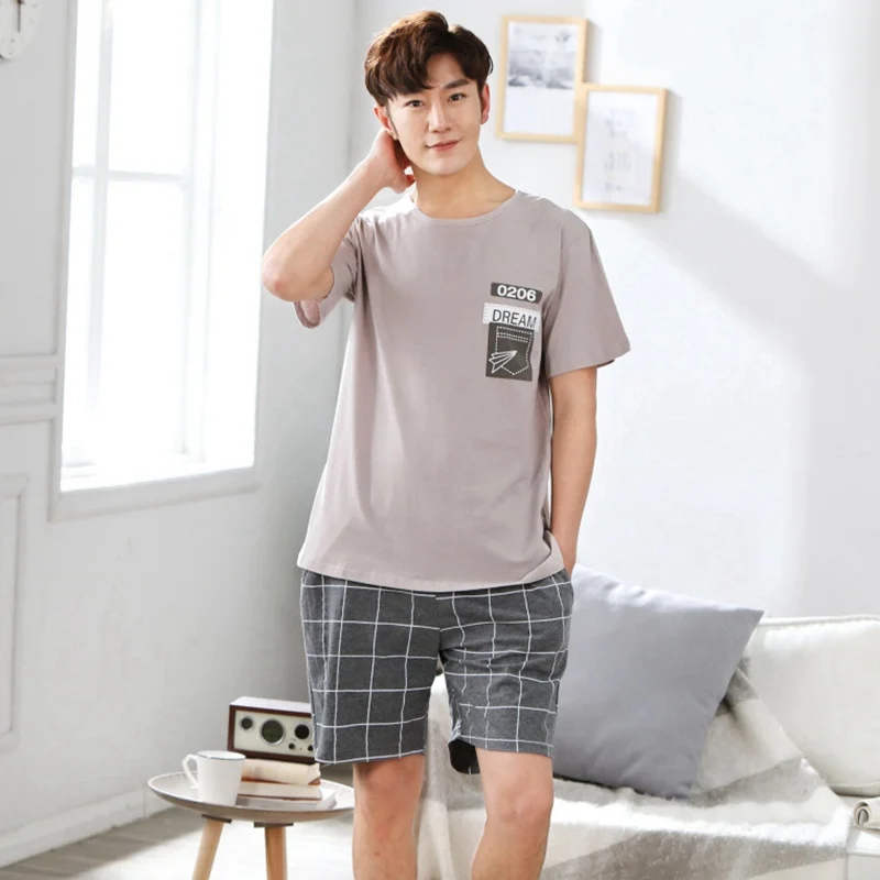 

2021 Summer Cotton Short Sleeve Pajama Sets for Men Casual Plaid Pants Sleepwear Suit Pyjama Male Homewear Loungewear Clothes