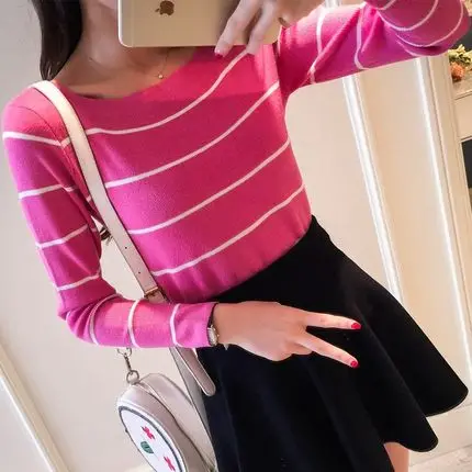 Новинка 2017 Весенняя трикотажная женская модель в Корейском стиле полоску тонкая
