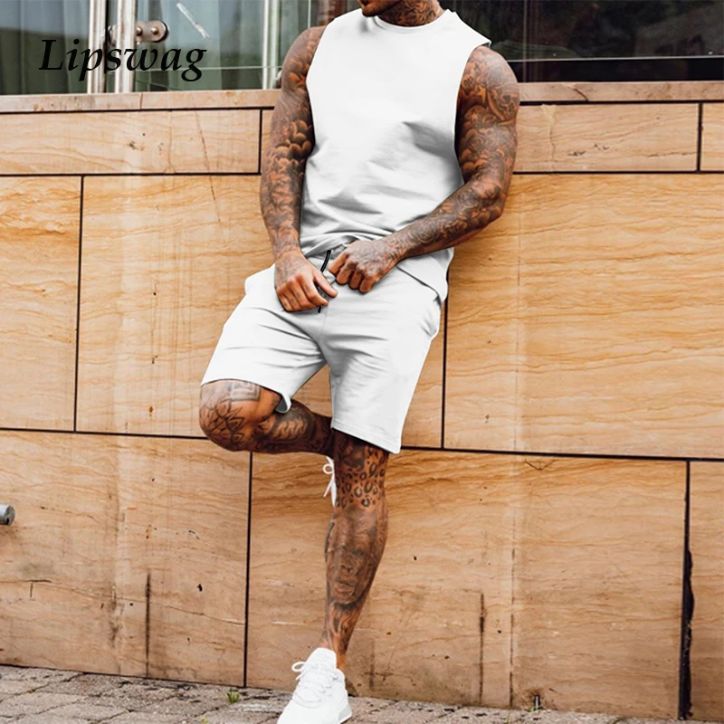 

Casual Sports Men Solid Two Piece Set 2021 Summer Sleeveless O-Neck Tank Tops And Shorts Outfits Running Mens Fashion Streetwear
